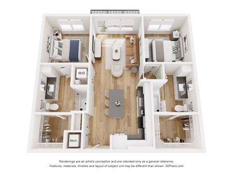 Floor plan for 2 beds, 2 baths, 1020 sqft
